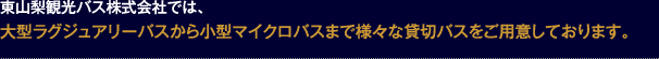 東山梨観光バス株式会社では、大型ラグジュアリーバスから小型マイクロバスまで様々な貸切バスをご用意しております。